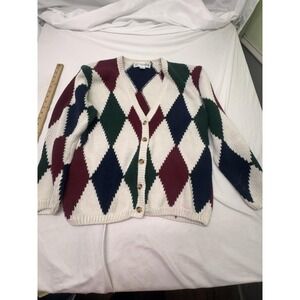 Vintage Chrysantheme Argyle Cardigan Sweater Mens Large Ramie Cotton Knit‎ Multi
